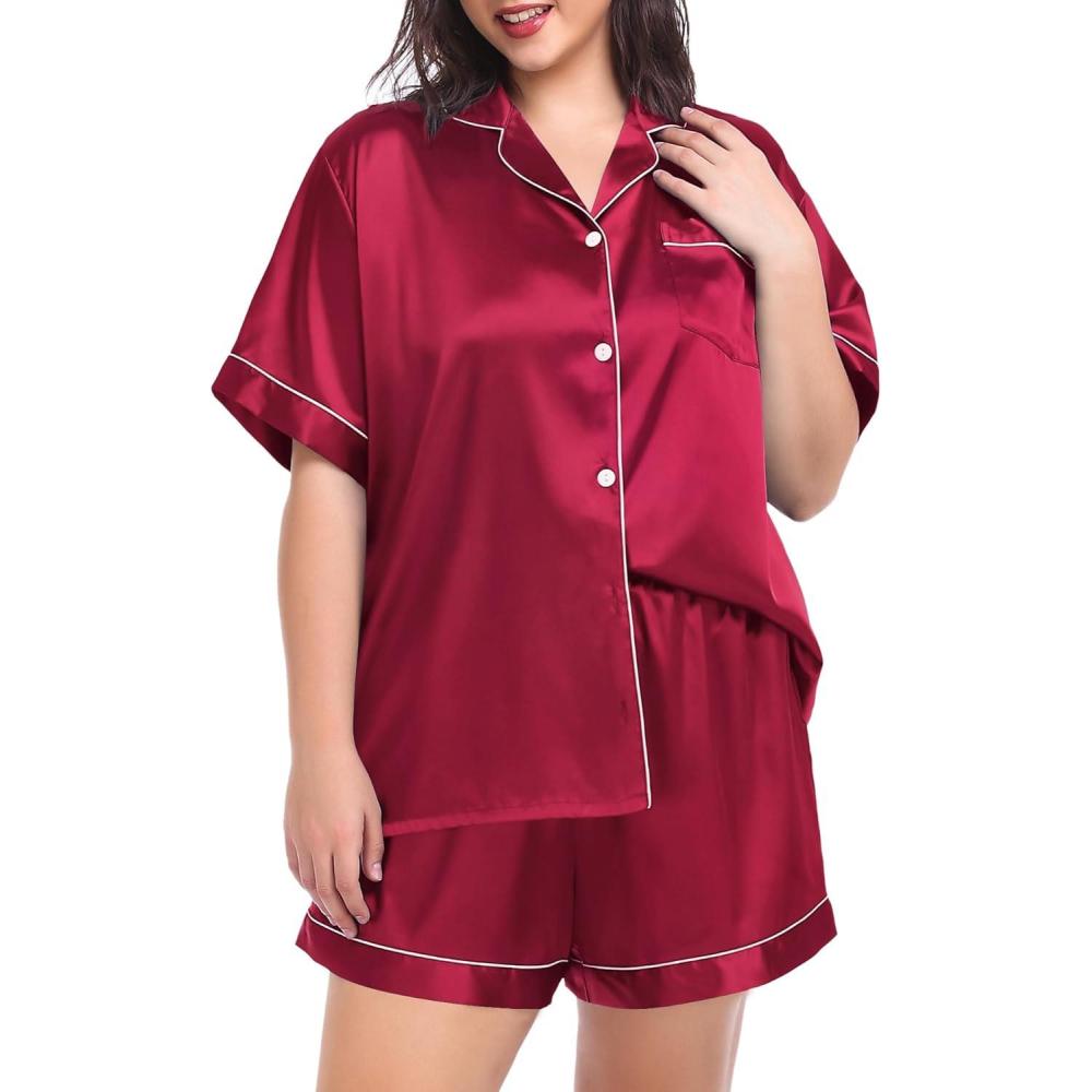 imageSWOMOG Womens Plus Size Pajama Set Silk Satin Pajamas Button Down Loungewear Short Sleeve Pjs 2 piece Sleepwear 1628WDeep Red