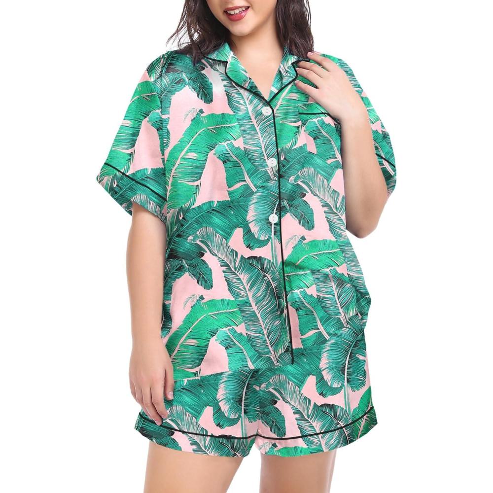 imageSWOMOG Womens Plus Size Pajama Set Silk Satin Pajamas Button Down Loungewear Short Sleeve Pjs 2 piece Sleepwear 1628WPink Leaves