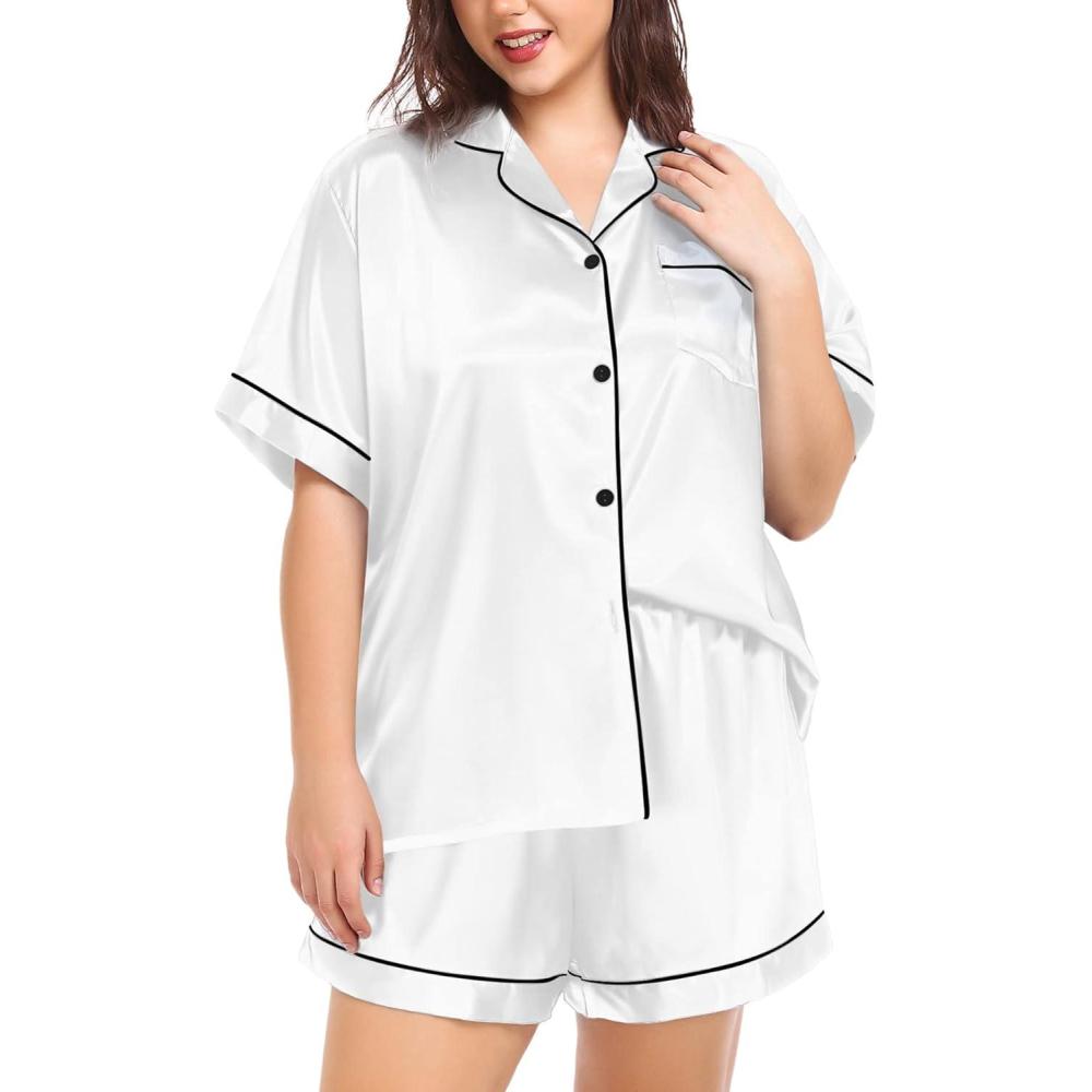 imageSWOMOG Womens Plus Size Pajama Set Silk Satin Pajamas Button Down Loungewear Short Sleeve Pjs 2 piece Sleepwear 1628WWhite
