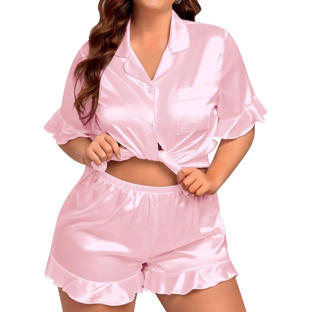 imageSWOMOG Womens Satin Plus Size Pajamas Silk Short Sleeve Pjs Sets Ruffle Shorts 2 Piece Loose Outfit Sleepwear with PocketPink