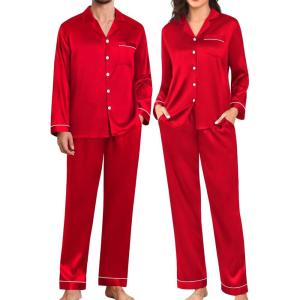 SWOMOG Couples Pajamas Womens &Mens Matching Pajamas Set Silk Satin Pj Set Long Sleeve Button Down Sleepwear 2 Pcs Loungewear(Bright Red)