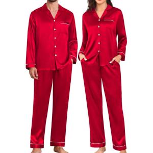 SWOMOG Couples Pajamas Womens &Mens Matching Pajamas Set Silk Satin Pj Set Long Sleeve Button Down Sleepwear 2 Pcs Loungewear(Dark Red)