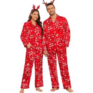 SWOMOG Couples Pajamas Womens &Mens Matching Pajamas Set Silk Satin Pj Set Long Sleeve Button Down Sleepwear 2 Pcs Loungewear(Ho Snowflake)