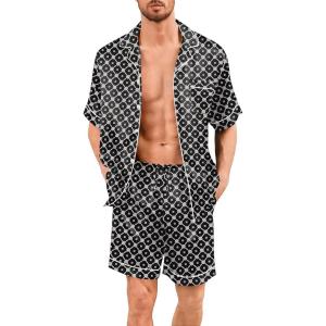 SWOMOG Men Silk Pajama Set Short Sleeve Satin PJs Sets 2 Piece Button Down Sleepwear Soft Summer Loungewear with Pockets(Black Floral)