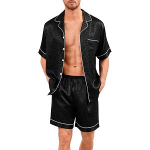 SWOMOG Men Silk Pajama Set Short Sleeve Satin PJs Sets 2 Piece Button Down Sleepwear Soft Summer Loungewear with Pockets(Black Leopard Print)