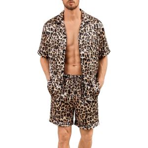 SWOMOG Men Silk Pajama Set Short Sleeve Satin PJs Sets 2 Piece Button Down Sleepwear Soft Summer Loungewear with Pockets(Leopard)
