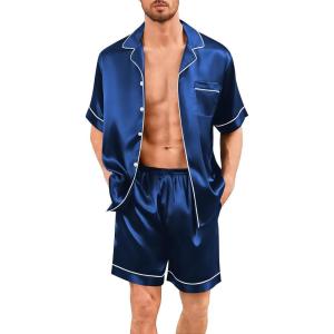 SWOMOG Men Silk Pajama Set Short Sleeve Satin PJs Sets 2 Piece Button Down Sleepwear Soft Summer Loungewear with Pockets(Navy Blue)
