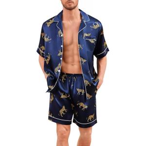 SWOMOG Men Silk Pajama Set Short Sleeve Satin PJs Sets 2 Piece Button Down Sleepwear Soft Summer Loungewear with Pockets(Navy Blue Leopard)