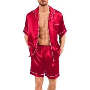 SWOMOG Men Silk Pajama Set Short Sleeve Satin PJs Sets 2 Piece Button Down Sleepwear Soft Summer Loungewear with Pockets(Red)