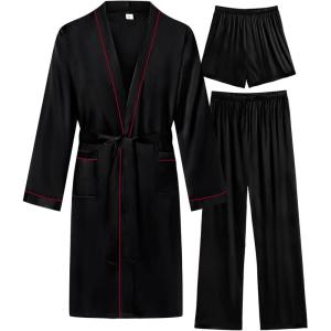 SWOMOG Mens 3 PCS Satin Robe with Pants & Shorts Set Kimono Bathrobe Long Sleeve Sleepwear Pjs Sets with Pockets(Black – Red Trimming)