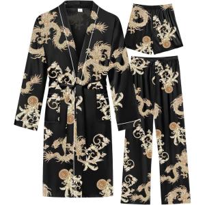 SWOMOG Mens 3 PCS Satin Robe with Pants & Shorts Set Kimono Bathrobe Long Sleeve Sleepwear Pjs Sets with Pockets(Black Dragon)