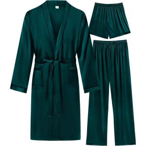 SWOMOG Mens 3 PCS Satin Robe with Pants & Shorts Set Kimono Bathrobe Long Sleeve Sleepwear Pjs Sets with Pockets(Deep Green)