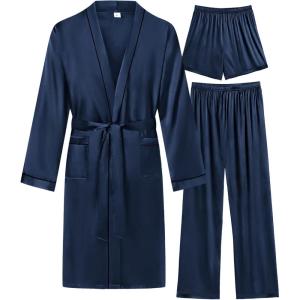 SWOMOG Mens 3 PCS Satin Robe with Pants & Shorts Set Kimono Bathrobe Long Sleeve Sleepwear Pjs Sets with Pockets(Deep Grey)