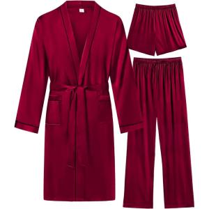 SWOMOG Mens 3 PCS Satin Robe with Pants & Shorts Set Kimono Bathrobe Long Sleeve Sleepwear Pjs Sets with Pockets(Deep Wine Red)