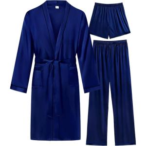 SWOMOG Mens 3 PCS Satin Robe with Pants & Shorts Set Kimono Bathrobe Long Sleeve Sleepwear Pjs Sets with Pockets(Navy Blue)