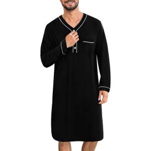 SWOMOG Men’s Nightshirt Long Sleeve Nightgown Soft Loose Sleepwear Lightweight Nightwear Comfy Henley Sleep Shirt M-3XL(Black)