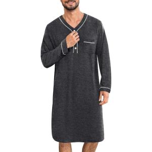 SWOMOG Men’s Nightshirt Long Sleeve Nightgown Soft Loose Sleepwear Lightweight Nightwear Comfy Henley Sleep Shirt M-3XL(Deep Grey)