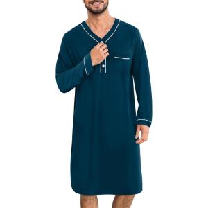 SWOMOG Men’s Nightshirt Long Sleeve Nightgown Soft Loose Sleepwear Lightweight Nightwear Comfy Henley Sleep Shirt M-3XL(Deep Navy Blue)