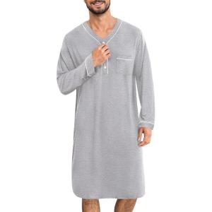 SWOMOG Men’s Nightshirt Long Sleeve Nightgown Soft Loose Sleepwear Lightweight Nightwear Comfy Henley Sleep Shirt M-3XL(Grey)