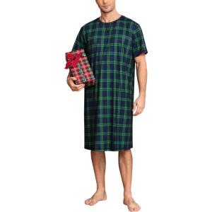 SWOMOG Men’s Nightshirt Short Sleeve Nightgown Soft Loose Sleepwear Lightweight Nightwear Comfy Henley Sleep Shirt S-XXL(Black Green Grid)