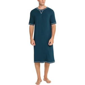SWOMOG Men’s Nightshirt Short Sleeve Nightgown Soft Loose Sleepwear Lightweight Nightwear Comfy Henley Sleep Shirt S-XXL(Blue Green)