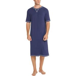 SWOMOG Men’s Nightshirt Short Sleeve Nightgown Soft Loose Sleepwear Lightweight Nightwear Comfy Henley Sleep Shirt S-XXL(Navy Blue)