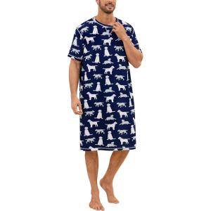 SWOMOG Men’s Nightshirt Short Sleeve Nightgown Soft Loose Sleepwear Lightweight Nightwear Comfy Henley Sleep Shirt S-XXL(Navy Blue Dogs)