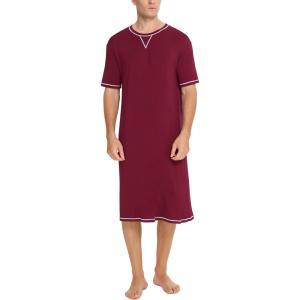 SWOMOG Men’s Nightshirt Short Sleeve Nightgown Soft Loose Sleepwear Lightweight Nightwear Comfy Henley Sleep Shirt S-XXL(Wine Red)