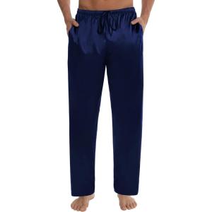 SWOMOG Men’s Satin Silk Pajama Pant Long Pj Bottoms Soft Lounge Sleep Pants with Pockets & Drawstring(A- Deep Navy Blue)