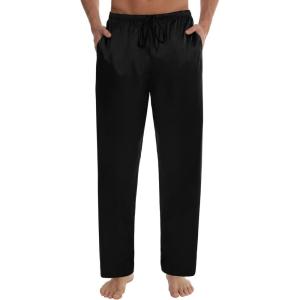 SWOMOG Men’s Satin Silk Pajama Pant Long Pj Bottoms Soft Lounge Sleep Pants with Pockets & Drawstring(Black)