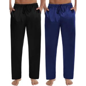 SWOMOG Men’s Satin Silk Pajama Pant Long Pj Bottoms Soft Lounge Sleep Pants with Pockets & Drawstring(Black/Navy Blue)