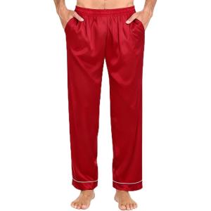 SWOMOG Men’s Satin Silk Pajama Pant Long Pj Bottoms Soft Lounge Sleep Pants with Pockets & Drawstring(Piping Red)