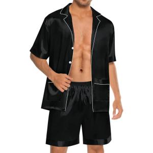 SWOMOG Mens Silk Pajama Set 2 Pieces Short Sleeve Soft Satin Sleepwear Button Down Pj(Black)
