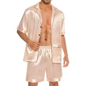 SWOMOG Mens Silk Pajama Set 2 Pieces Short Sleeve Soft Satin Sleepwear Button Down Pj(Champagne)