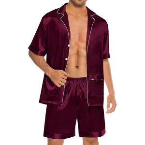 SWOMOG Mens Silk Pajama Set 2 Pieces Short Sleeve Soft Satin Sleepwear Button Down Pj(Deep Wine Red)