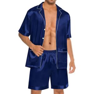 SWOMOG Mens Silk Pajama Set 2 Pieces Short Sleeve Soft Satin Sleepwear Button Down Pj(Navy Blue)