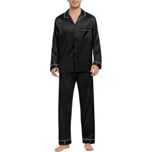 SWOMOG Mens Silk Pajamas Set Satin Long Sleeve Button Down 2 PCS Sleepwear V Neck Classic Loungewear Pjs with Long Pants(A-black)