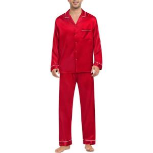 SWOMOG Mens Silk Pajamas Set Satin Long Sleeve Button Down 2 PCS Sleepwear V Neck Classic Loungewear Pjs with Long Pants(A-red)