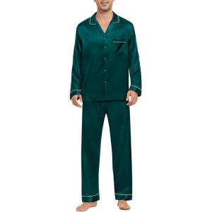 SWOMOG Mens Silk Pajamas Set Satin Long Sleeve Button Down 2 PCS Sleepwear V Neck Classic Loungewear Pjs with Long Pants(Dark Green)