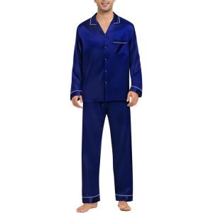 SWOMOG Mens Silk Pajamas Set Satin Long Sleeve Button Down 2 PCS Sleepwear V Neck Classic Loungewear Pjs with Long Pants(Navy Blue)