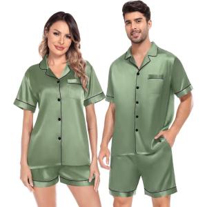 SWOMOG Satin Matching Pajamas Sets Couple Silk Button Down Nightwear Women & Men Short Sleeve Sleepwear 2 Pieces Loungewear