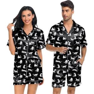 SWOMOG Satin Matching Pajamas Sets Couple Silk Button Down Nightwear Women & Men Short Sleeve Sleepwear 2 Pieces Loungewear(Black Leopard)
