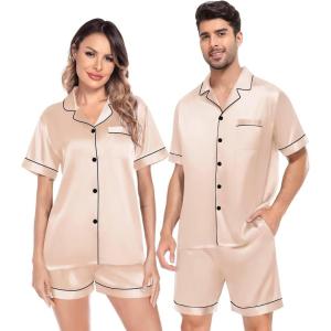 SWOMOG Satin Matching Pajamas Sets Couple Silk Button Down Nightwear Women & Men Short Sleeve Sleepwear 2 Pieces Loungewear(Champagne)