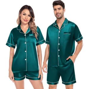 SWOMOG Satin Matching Pajamas Sets Couple Silk Button Down Nightwear Women & Men Short Sleeve Sleepwear 2 Pieces Loungewear(Green)