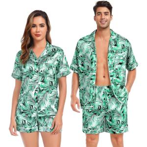 SWOMOG Satin Matching Pajamas Sets Couple Silk Button Down Nightwear Women & Men Short Sleeve Sleepwear 2 Pieces Loungewear(Green Leaves)