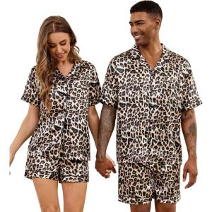 SWOMOG Satin Matching Pajamas Sets Couple Silk Button Down Nightwear Women & Men Short Sleeve Sleepwear 2 Pieces Loungewear(Leopard)