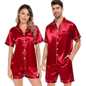 SWOMOG Satin Matching Pajamas Sets Couple Silk Button Down Nightwear Women & Men Short Sleeve Sleepwear 2 Pieces Loungewear(Light Red)