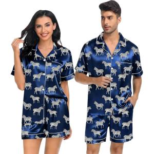 SWOMOG Satin Matching Pajamas Sets Couple Silk Button Down Nightwear Women & Men Short Sleeve Sleepwear 2 Pieces Loungewear(Navy Blue Zebra)