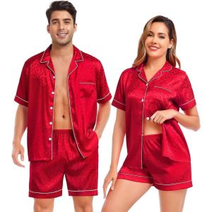 SWOMOG Satin Matching Pajamas Sets Couple Silk Button Down Nightwear Women & Men Short Sleeve Sleepwear 2 Pieces Loungewear(Red Leopard)