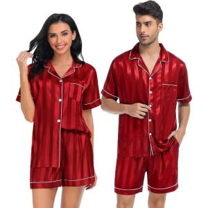 SWOMOG Satin Matching Pajamas Sets Couple Silk Button Down Nightwear Women & Men Short Sleeve Sleepwear 2 Pieces Loungewear(Red Striped)